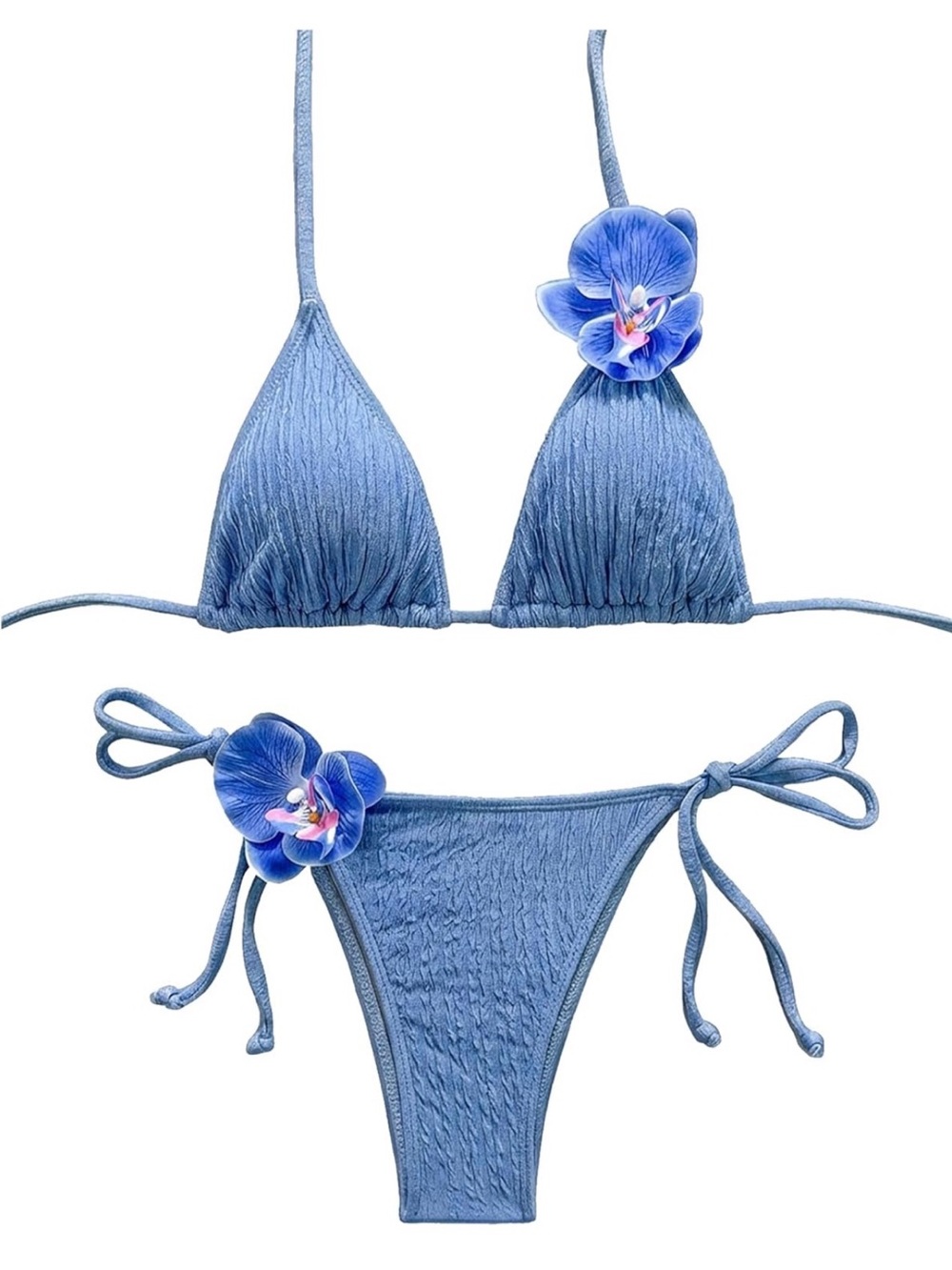 Blue Floral Accent Tie-Side Triangle Bikini - Women Swim